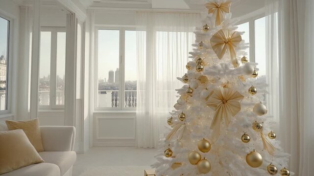 Elegant Parisian Christmas Morning with White and Gold Tree