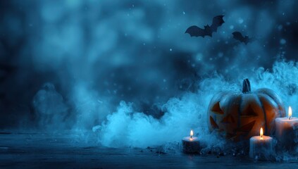 A Halloween pumpkin with smoke and candles, bats flying around, a hazy background