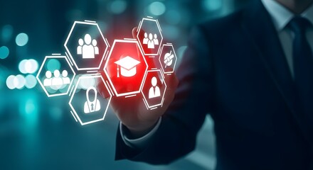Businessman touching digital interface with education and career icons in a futuristic setting