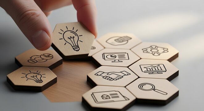 Hand assembling hexagonal tiles with business and strategy icons for innovation