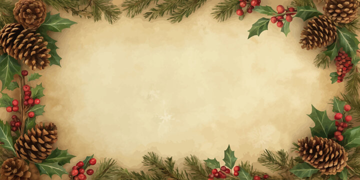Festive holiday background with pine cones, holly, and berries creates a warm, rustic Christmas season invitation or greeting card design with vintage charm - Powered by Adobe