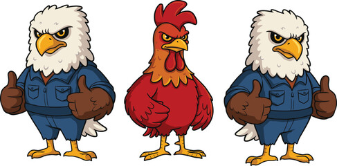 Obraz premium Cartoon bird mascots, two bald eagles in blue jumpsuits and stern red rooster character, strong team spirit illustration, sports branding design