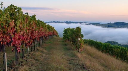 nebbiolo. Nebbiolo vineyard on Piedmont hills at sunrise with morning mist over grapes. menu design, packaging mockups, designed for culinary blogs and recipe cards for restaurants.