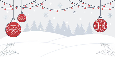 Charming winter wonderland scene with hanging red ornaments and snow-covered trees, bringing holiday cheer to your designs with a festive Christmas spirit