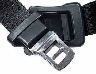 Partially Inserted Seatbelt Latch – Close-Up of Vehicle Safety Buckle and Woven Strap