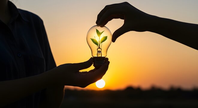 Silhouetted hands holding a lightbulb with growing plant inside against a sunset