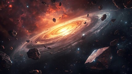 Epic Galaxy with Asteroids and Cosmic Dust Clouds