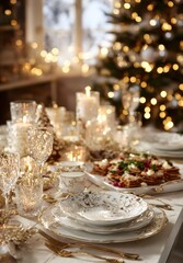 A white table set with gold decorations, Christmas tree in the background