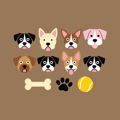Collection of cartoon dog faces in various colors including black white brown and pink with a bone paw print and tennis ball vector illustration.