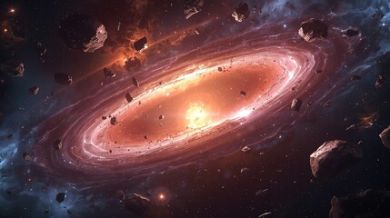 Futuristic Galaxy with Asteroids and Swirling Nebula