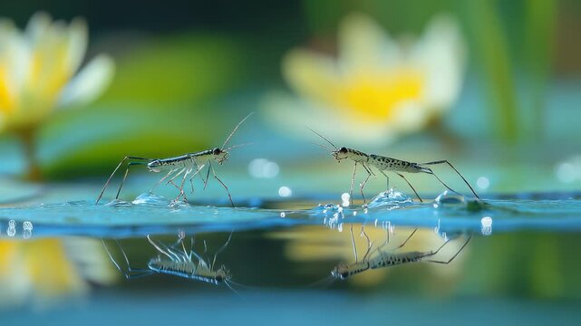 Delicate Water Striders Dance on Lily Pads: A Close-Up Nature Serenity with Floral Backdrop