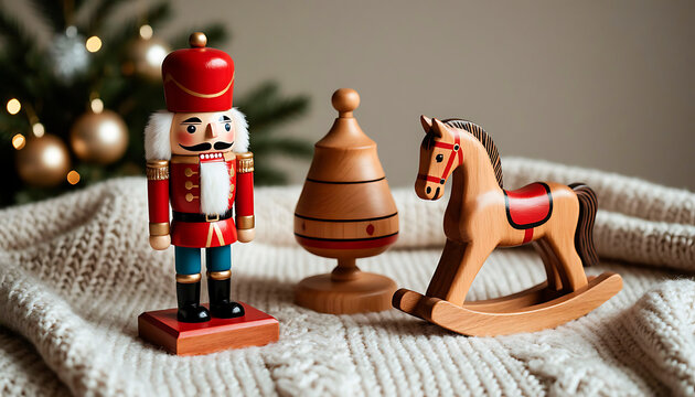 Nutcracker figurine, wooden tree, and rocking horse toy on knitted blanket. Christmas holiday decor. Winter season celebration background.