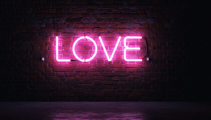 Neon LOVE Sign on Brick Wall: The word LOVE glows brightly in a neon sign against a textured brick wall, casting a warm ambiance, Generative AI.