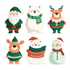 Christmas characters, Santa Claus and elf character set with cute polar bear in a green scarf, reindeer vector illustration