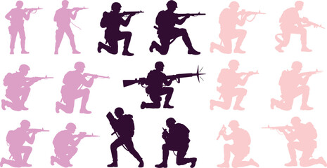Colorful military soldier silhouettes in action poses, tactical combat figures, armed troops graphic set for design, strategy, warfare illustration resource