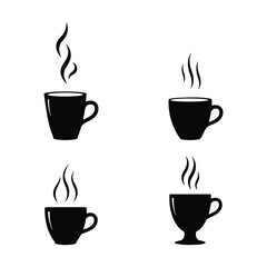 Black silhouette hot beverage cups with rising steam icons set