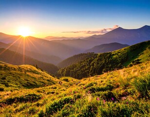 Majestic sunset over rolling green hills with layers of mountains in the background