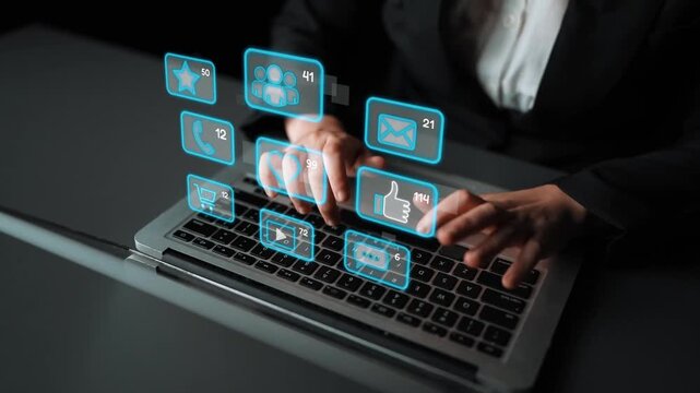 Icons representing social media interaction, communication, and engagement. Social media builds community, social media drives connection, and social media influences behavior. Marrow