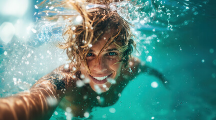 Joyful young man taking a selfie in clear turquoise ocean water; summer fun and freedom concept.