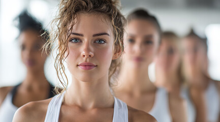 Focused young woman with blue eyes  in white tank top, group of women in background; fitness team or class concept.