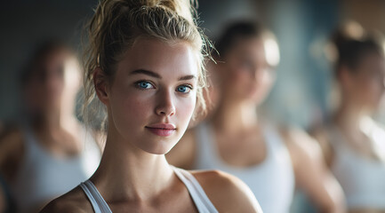 Focused young woman with blue eyes  in white tank top, group of women in background; fitness team or class concept.