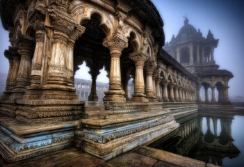 Obraz premium Ancient Indian Temple Architecture Reflected in Water.