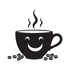 Happy steaming coffee cup with coffee beans logo design vector