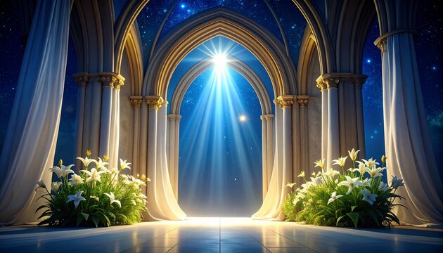 Spiritual elegance: Majestic church arches and white lilies under a radiant starburst of divine light, symbolizing the grace of Día de la Inmaculada Concepción.