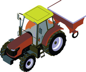 Isometric agricultural tractor with seed planter attachment, modern farming machinery illustration, crop planting equipment, agriculture technology concept, farm field work scene