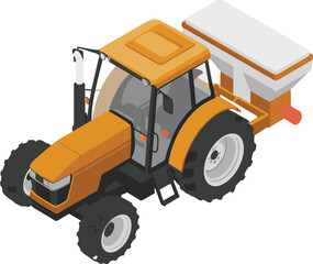 Isometric agricultural tractor with seed planter attachment, modern farming machinery illustration, crop planting equipment, agriculture technology concept, farm field work scene