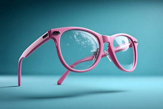 Moderne pinke Brille schwebend vor blauem Hintergrund
