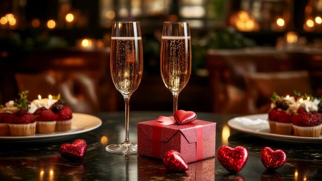 Elegant romantic setup with champagne, desserts, and heart decorations.