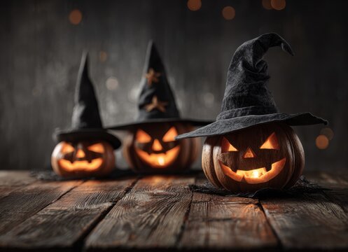 Halloween pumpkins with glowing faces and witch hats on a wooden table against a dark background, with copy space for text