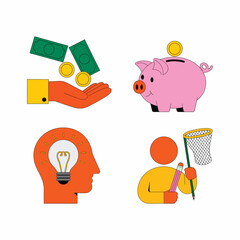 Hand holding money coins piggy bank lightbulb in head person with net and pencil green banknotes