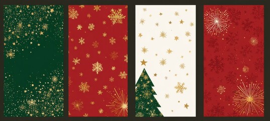 Four vertical holiday cards with red and green backgrounds, golden snowflakes and Christmas tree patterns