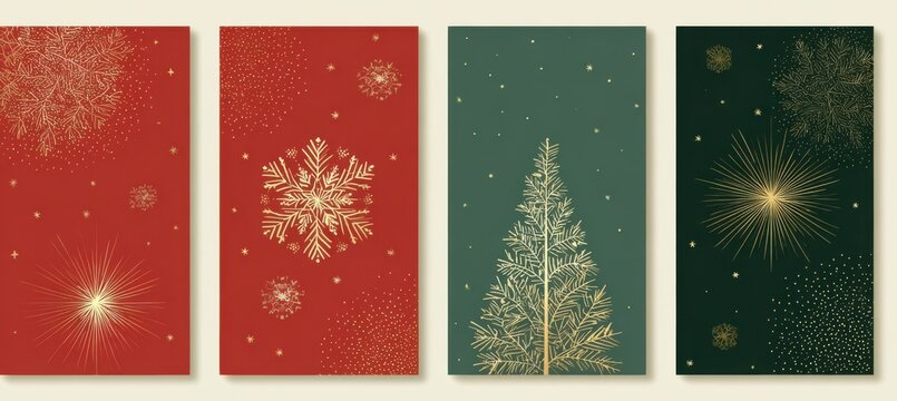 Four vertical holiday cards with red and green backgrounds, golden snowflakes and Christmas tree patterns