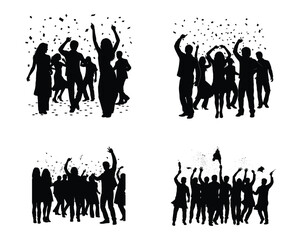 Silhouette crowd celebration set with raised hands and confetti