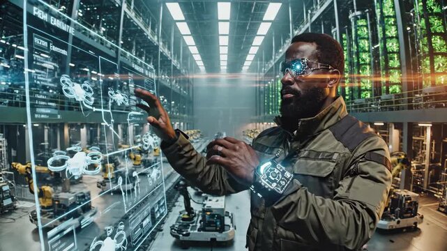 A man with futuristic glasses and a wrist device interacts with a holographic interface in a high-tech automated factory. - Powered by Adobe