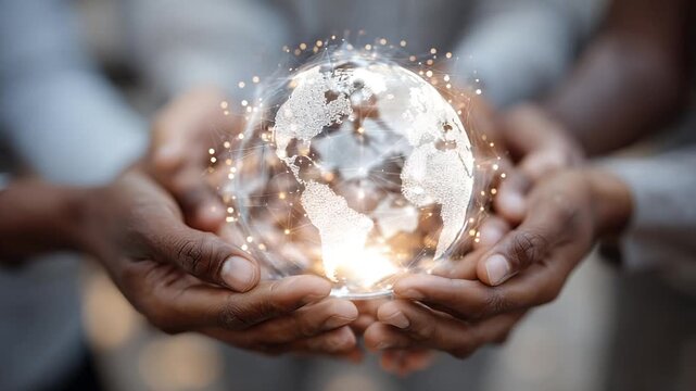 Hands cradle a glowing, interconnected digital globe, symbolizing global connection and technology.