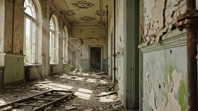 Decaying Grandeur Exploring the Abandoned Hallway of a Forgotten Mansion.