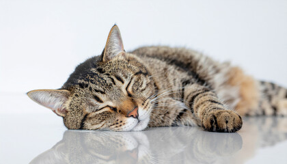 Obraz premium 茶色い日本猫 寝ている 背景は白