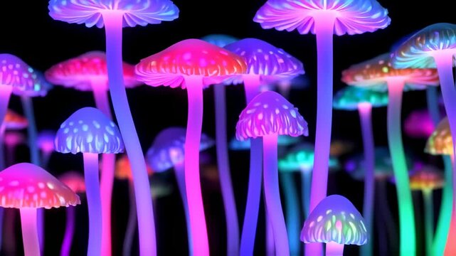 Magical Glowing Mushrooms in a Dark Forest, Abstract Fantasy Fungi Concept