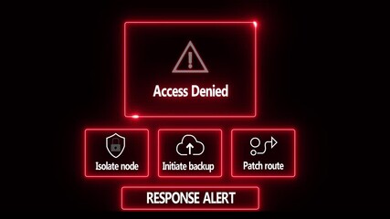 Access Denied response notification on digital interface in data center server room with isolate node initiate backup patch route options. glowing neon lights cybersecurity hacking Warning - Powered by Adobe