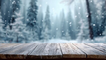 Wooden table with a blurred snowy forest background for product display, a Christmas concept