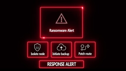 Ransomware Alert response notification on digital interface in data center server room with isolate node initiate backup patch route options. glowing neon lights cybersecurity hacking Warning