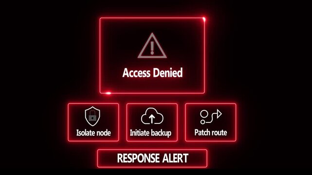 Access Denied response notification on digital interface in data center server room with isolate node initiate backup patch route options. glowing neon lights cybersecurity hacking Warning - Powered by Adobe
