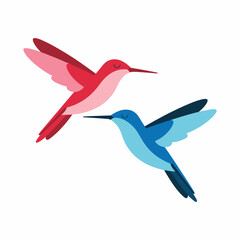 Two stylized hummingbirds one red and pink the other blue and dark blue flying animal nature.