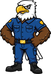 Cartoon eagle police officer mascot, strong character in blue uniform, confident pose, law enforcement authority, kids educational coloring page illustration