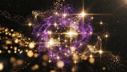 Cosmic Swirl of Purple and Gold Particles Emanating Bright Light Against Starry Black Background