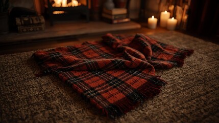 Cozy Plaid Blanket by Fireplace with Candles